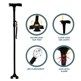 Collapsible Adjustable Height Cane With LED Light Alert Button Walking Stick