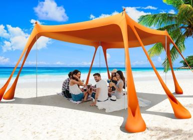 Beach Tent Sun Shelter 10x10ft Beach Canopy Easy Pop Up Sun Shade Portable UPF50+ with 8 Sandbags-2 Sand Shovel-4 Aluminum Poles-Ground Pegs for (Color: Orange   10x10 FT 4 Pole)